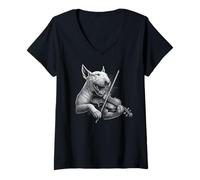 Femme Bull Terrier anglais jouant du violon violoniste amoureux des chiens T-Shirt avec Col en V