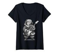 Femme Bulldog Anglais Jouant de la Guitare pour Les Amoureux des Chiens de Noël T-Shirt avec Col en V