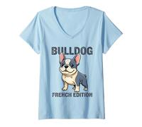 Femme Bulldog édition française Mignon Dessin animé Chiot Chien T-Shirt avec Col en V