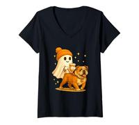 Femme Bulldog Halloween Ghost Walking Bulldog Dog T-Shirt avec Col en V