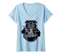 Femme Bulldog Slurping Ramen Nouilles Chien Mangeant Mascotte Japonaise T-Shirt avec Col en V