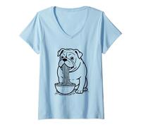 Femme Bulldog Slurping Ramen Nouilles Chien Mangeant Nouilles Bol Mascotte T-Shirt avec Col en V