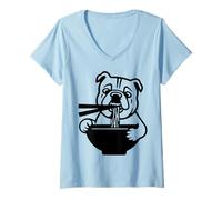 Femme Bulldog Slurping Ramen Nouilles Chien Manger Baguettes Mascotte T-Shirt avec Col en V