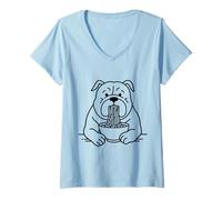 Femme Bulldog Slurping Ramen Nouilles Chien Manger Nouilles Chiot Mascotte T-Shirt avec Col en V
