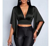 Femme Bureau Vieux Style Argent Printemps Et Été Élégant Navette Affaires Décontracté Col V Taille Rassemblée Satin Brillant Tissu Volant Asymétrique Ourlet Blouse, Fête Fête Saint-Valentin Date Vacan