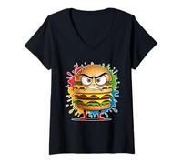 Femme Burger Cartoon Colérique avec Fromage T-Shirt avec Col en V