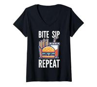 Femme Burger, Frites, Boisson. Mordre. Siroter. Répéter. T-Shirt avec Col en V