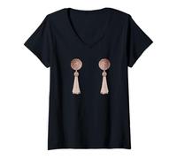 Femme Burlesque Vintage Striptease Sexy Tassel EVJF Pasties T-Shirt avec Col en V