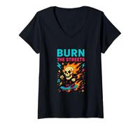 Femme Burn The Streets Funny Skull Skateboard Humour T-Shirt avec Col en V