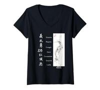 Femme Bushido Sumi-e Samouraï 7 Vertu Kanji Japonaise en Italien T-Shirt avec Col en V