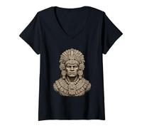 Femme Buste en Pierre de Guerrier Maya Antique Relique Sculpture Art T-Shirt avec Col en V