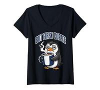 Femme But First Coffee Sleepy Penguin Caffeine Lover T-Shirt avec Col en V