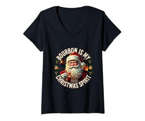 Femme Buveur de Noël Santa Bourbon is My Christmas a Spirit T-Shirt avec Col en V