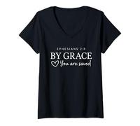 Femme By Grace You Are Saved Ephesians 2:8 Verset biblique chrétien T-Shirt avec Col en V