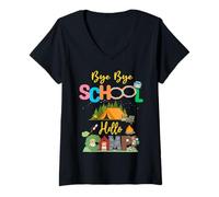 Femme Bye School Hello Camp Derniers Jours d'école Feu de Camp Summer T-Shirt avec Col en V
