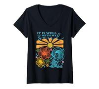 Femme Ça va Bien avec Mon âme, Christian Coastal Summer Vibes T-Shirt avec Col en V