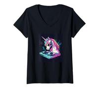 Femme Cabine DJ licorne pour s'amuser et écouter de la musique sans arrêt T-Shirt avec Col en V