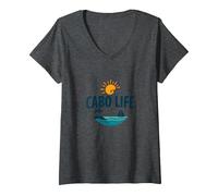 Femme Cabo Life : Tropical Beach Vacation Sunset Logo T-Shirt avec Col en V, Chiné Foncé, M