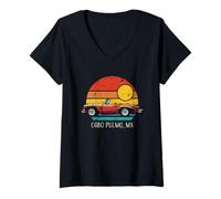 Femme Cabo Pulmo Mexico Voiture de Sport rétro Coucher de Soleil Effet Vieilli T-Shirt avec Col en V