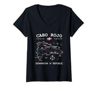 Femme Cabo Rojo Drapeau République Dominicaine Carte GPS Coordonnées T-Shirt avec Col en V