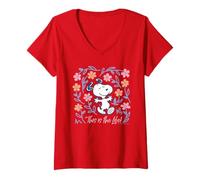 Femme Cacahuètes Snoopy Bonne Vie Printemps Fleurs Nature Happy Fun T-Shirt avec Col en V