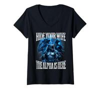 Femme Cachez Votre Femme L'alpha est là Alpha Wolf Cringy Silly T-Shirt avec Col en V