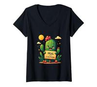 Femme Cactus de Dessin animé Tenant Un Panneau Qui Dit câlin avec Prudence, dans T-Shirt avec Col en V