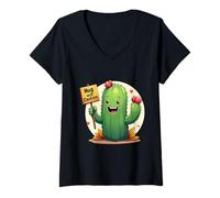 Femme Cactus de Dessin animé Tenant Un Panneau Qui Dit câlin avec Prudence, dans T-Shirt avec Col en V