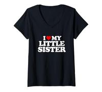 Femme Cadeau Amusant en Forme de cœur avec Inscription « I Love My Little Sister » T-Shirt avec Col en V