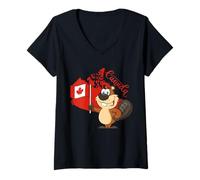 Femme Cadeau Canada avec Castor Canadien et Drapeau Canada T-Shirt avec Col en V