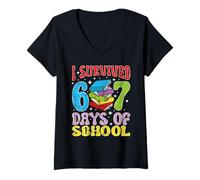 Femme Cadeau de l'enseignant pour l'école - 67 Jours d'école T-Shirt avec Col en V