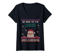 Femme Cadeau de Noël Amusant « Be Nice to The Judge Santa is Watching » T-Shirt avec Col en V