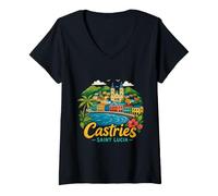 Femme Cadeau de Voyage Castries Sainte-Lucie dessiné à la Main T-Shirt avec Col en V