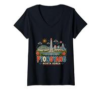 Femme Cadeau de Voyage Pyongyang en Corée du Nord dessiné à la Main T-Shirt avec Col en V