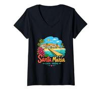 Femme Cadeau de Voyage Santa Maria Cap-Vert dessiné à la Main T-Shirt avec Col en V