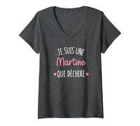 Femme Cadeau Femme Personnalisé Prénom Martine Qui Déchire T-Shirt avec Col en V, Chiné Foncé, XL