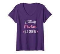 Femme Cadeau Femme Personnalisé Prénom Martine Qui Déchire T-Shirt avec Col en V, Violet, L