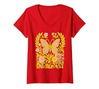 Femme Cadeau inspiré d'un Papillon doré Floral et d'un Jardin Whinsical T-Shirt avec Col en V, Rouge, S