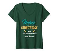 Femme Cadeau Original Fin D'année Scolaire Merci Directrice T-Shirt avec Col en V, Vert Forêt, L