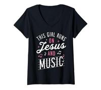 Femme Cadeau pour Femme chrétienne avec Inscription « This Girl Runs on Jésus and Music Lover » T-Shirt avec Col en V