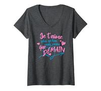 Femme Cadeau Saint Valentin Couple Je t'aime Plus qu'Hier - Mignon T-Shirt avec Col en V, Chiné Foncé, XL