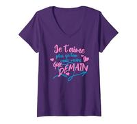 Femme Cadeau Saint Valentin Couple Je t'aime Plus qu'Hier - Mignon T-Shirt avec Col en V, Violet, L