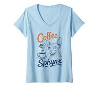 Femme Cadeau sans Poils pour Amoureux des Chats Café et Sphynx T-Shirt avec Col en V