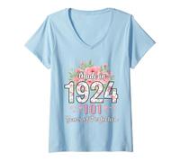 Femme Cadeaux Floraux de 101e Anniversaire pour Femmes de 101 Ans fabriqués en 1924 T-Shirt avec Col en V