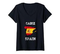 Femme Cadix Espagne Drapeau Espagne Vintage Carte T-Shirt avec Col en V