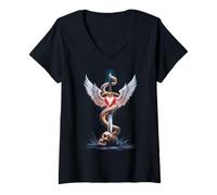Femme Caducée Épée Serpent Coeur Ailes Crâne 2 T-Shirt avec Col en V