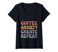 Femme Café Anxiety Create Repeat Groovy Années 70 Vintage Creative T-Shirt avec Col en V