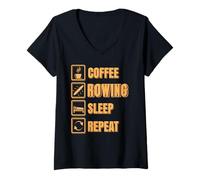 Femme Café Aviron Sommeil Recommencer Style Équipier T-Shirt avec Col en V