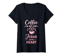 Femme Café dans ma Tasse Jésus dans Mon cœur Foi chrétienne T-Shirt avec Col en V