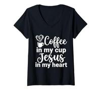 Femme Café dans ma Tasse Jésus dans Mon cœur Foi chrétienne T-Shirt avec Col en V